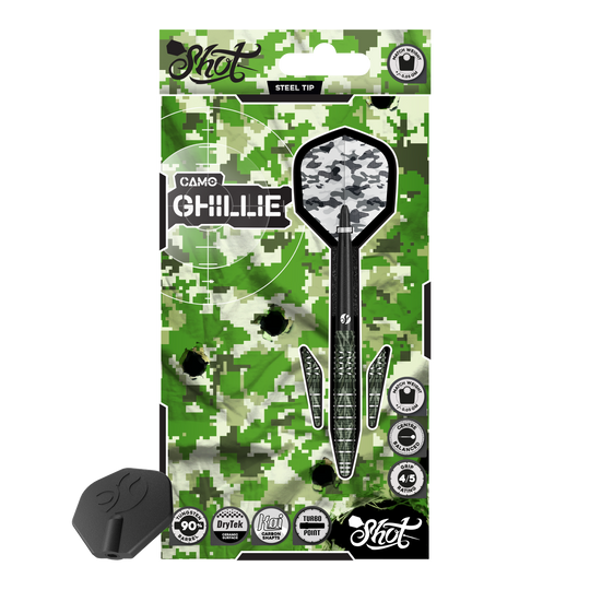 Shot Camo Ghillie Turbo Point Steeldarts - 23g Shot Camo Ghillie Turbo Point Steeldarts mit 23 Gramm. Die Darts sind in einem speziellen Tarnmuster gehalten.