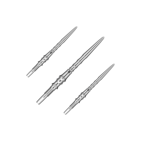 Ein Set silberner SwissPoint-Dartspitzen mit einer Länge von 30 mm ist abgebildet. Die Dartspitzen sind für den Einsatz mit Target Japan Premium geeignet.