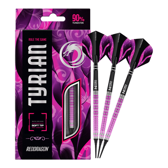 Red Dragon Tyrian Softdarts - 22g Das Bild zeigt die Red Dragon Tyrian Softdarts - 22g mit einem auffälligen pink-schwarzen Design. Die Darts bestehen zu 90% aus Tungsten und werden in einer passenden Verpackung präsentiert.