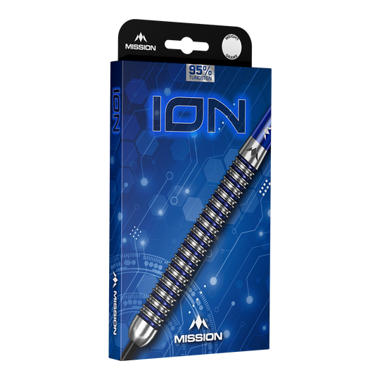 Mission ION Blue Silver Steeldarts Mission ION Blue Silver Steeldarts sind auf diesem Bild zu sehen. Das Produkt zeichnet sich durch seine blaue und silberne Farbgebung aus.