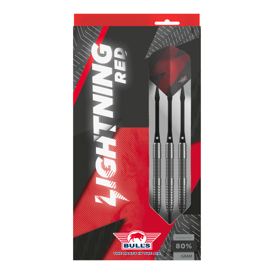 Bulls NL Lightning Red Steeldarts Das Bild zeigt die Verpackung der "Bulls NL Lightning Red Steeldarts". In der Packung sind drei silberne Steeldarts mit roten Flights zu sehen.