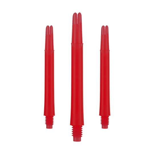L-Style L-Shafts Locked Straight - Red 330 Auf dem Bild sind drei rote, gerade Dartschäfte ohne Kappen zu sehen. Sie sind nebeneinander angeordnet, wobei der mittlere etwas länger erscheint als die beiden äußeren.