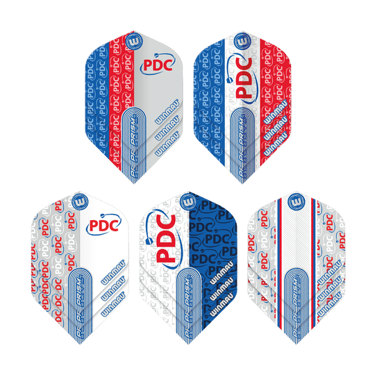 Winmau PDC Prism Flight Collection Das Bild zeigt die "Winmau PDC Prism Flight Collection" mit fünf unterschiedlichen Dart-Flights. Die Flights sind in den Farben Blau, Rot und Weiß gehalten und mit den Logos "PDC" und "Winmau" bedruckt.