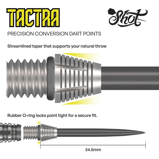 Shot Tactra Conversion Points - 34 mm Das Bild zeigt die Shot Tactra Conversion Points - 34 mm. Es handelt sich um spezielle Dartspitzen zum Umrüsten von Softdarts auf Steeldarts.
