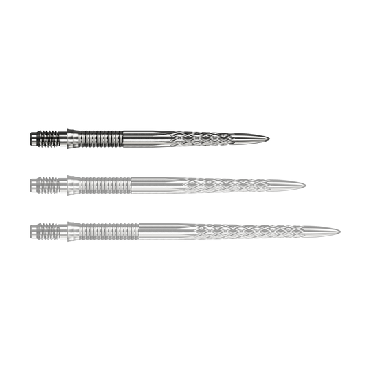 Mission R2.5 Rapid Point DSX Dartspitzen - Silber Abgebildet ist eine einzelne Mission R25 Rapid Point DSX Dartspitze in Silber mit 30mm Länge. Sie wird häufig für Präzision und Haltbarkeit beim Dartspielen verwendet.