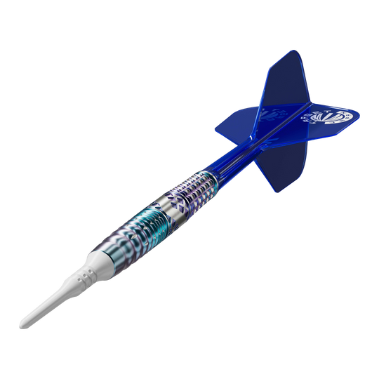 Target Japan Cathy Leung Charis GEN5 Softdarts - 19g Das Bild zeigt einen Softdart mit einem silber-blauen, metallischen Schaft und einer weißen Spitze. Die Flights am Ende des Darts sind blau und tragen ein weißes Logo.