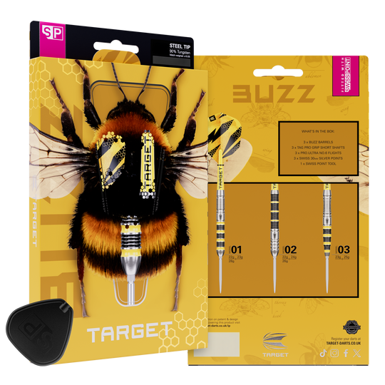 Hier sind die Target Buzz 03 Swiss Points Steeldarts abgebildet. Die Steeldarts überzeugen mit hoher Qualität.