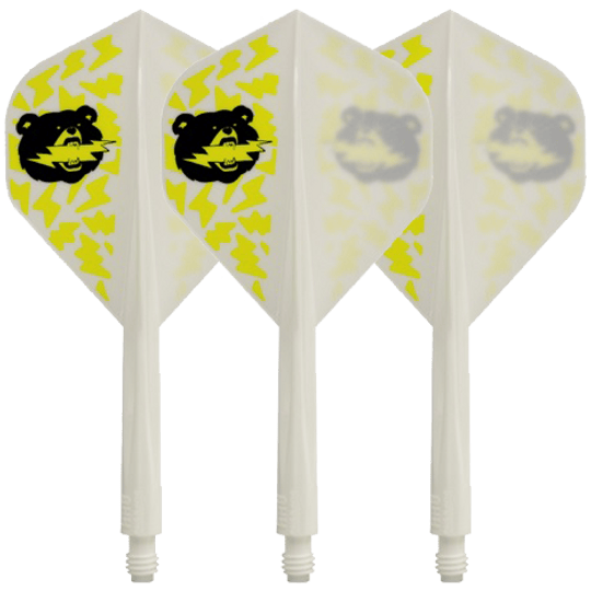 Das Bild zeigt drei weiße Dartflights mit gelben Blitzen und einem schwarzen Bärenkopf als Motiv. Die Flights sind Teil des Produkts "Condor Axe Black Bear Miyu Miyawaki Flight-Shaft White - Standard".