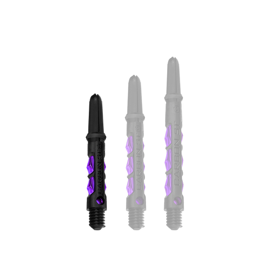 Das Bild zeigt drei Harrows Carbon ST Shafts in der Farbe Lila. Die Schäfte sind schwarz mit lilafarbenen Akzenten und in unterschiedlichen Längen angeordnet.