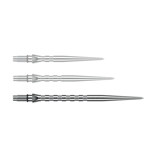 Winmau Switch Point Groove Steeldartspitzen - Silver Effect Das Bild stellt eine einzelne Winmau Switch Point Groove Steeldartspitze mit 40mm Länge dar. Die silberne Spitze besitzt eine geriffelte Struktur für bessere Griffigkeit.