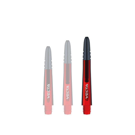 Das Bild zeigt drei rote Winmau Vecta Shafts für Dartpfeile. Sie haben schwarze Spitzen und das Wort "Vecta" ist auf jedem Schaft zu sehen.