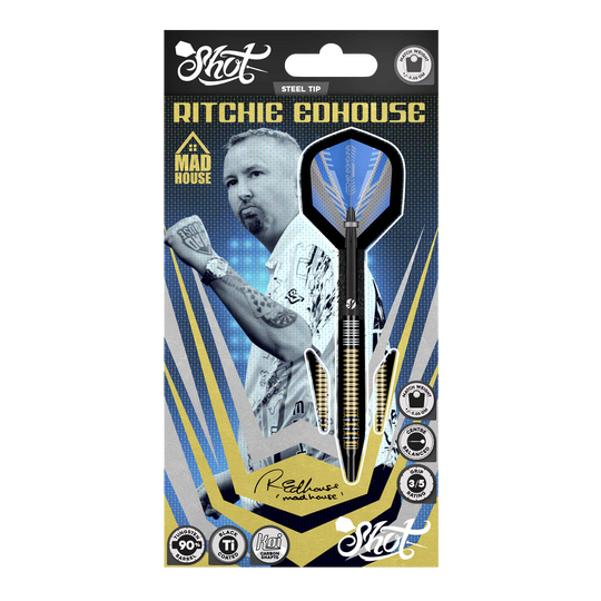 Shot Ritchie Edhouse Madhouse Steeldarts Abgebildet sind die Shot Ritchie Edhouse Madhouse Steeldarts. Sie zeigen das markante Design und die hochwertige Verarbeitung der Darts.