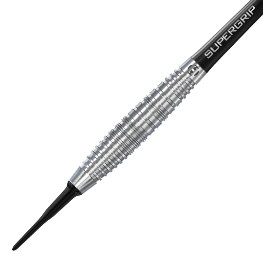 Harrows NX90 Bomb Softdarts Das Bild zeigt einen Harrows NX90 Bomb Softdart. Der Dart hat eine silberne, geriffelte Metallspitze und einen schwarzen Schaft mit der Aufschrift "SUPERGRIP".