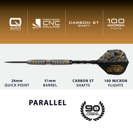 Harrows Opus Quick Point Steeldarts Das Bild präsentiert die Harrows Opus Quick Point Steeldarts - 23g. Sie zeichnen sich durch ihre hochwertige Verarbeitung aus.