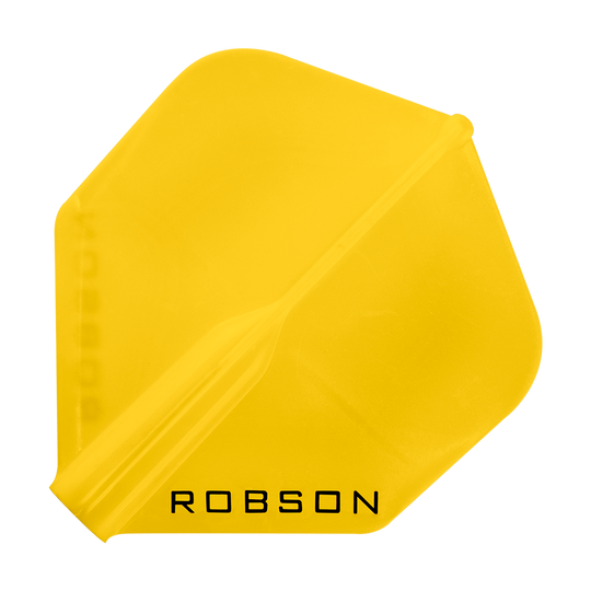 Robson Plus Standard Flights Das Bild zeigt ein gelbes Dartflight mit der Aufschrift "ROBSON". Das Flight hat eine Standardform und ist ein Zubehörteil für Darts.