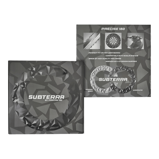 Das Bild zeigt das Precise 180 3D Dartboard Surround Subterra in Graphit. Es handelt sich um ein modernes Dartboard-Zubehör für den professionellen Einsatz.