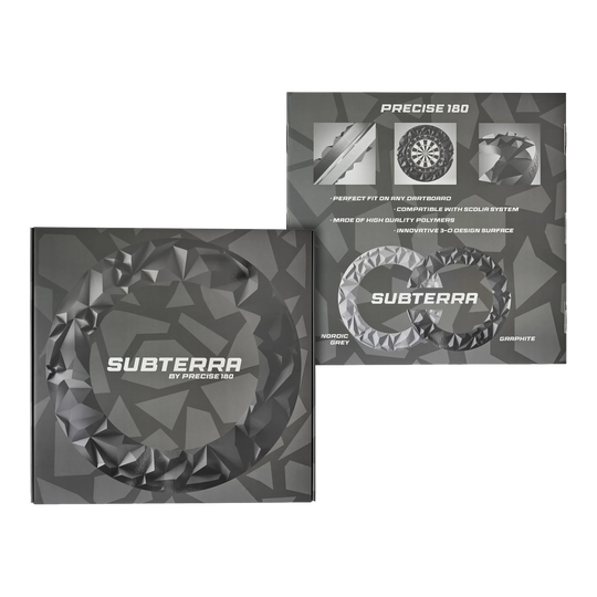 Precise 180 3D Dartboard Surround Subterra - Graphite Das Bild zeigt das Precise 180 3D Dartboard Surround Subterra in Graphit. Es handelt sich um ein modernes Dartboard-Zubehör für den professionellen Einsatz.