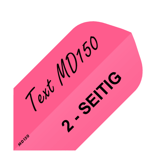 MD-252_2-Seitig_Bedruckte_Flights_Wunschtext_MD150_Pink_Slim_1 Das Bild zeigt einen pinken Dartflight mit schwarzer Aufschrift „Text MD150“ und „2-SEITIG“. Es handelt sich um ein bedrucktes Produkt für individuelle Wunschtexte.