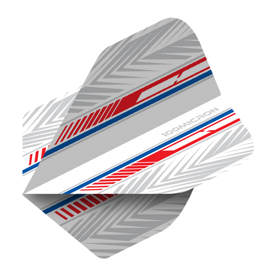 Pentathlon Flights weiß/rot/blau Das Bild zeigt ein Pentathlon White Red Blue No2 Standard Flight für Darts. Das Design ist überwiegend grau mit roten und blauen Akzenten sowie einem geometrischen Muster.