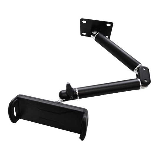 McDart TABFlex Tablet Wandhalterung mit flexiblem Arm Die Abbildung zeigt die McDart TABFlex Tablet-Wandhalterung mit flexiblem Arm. Die Halterung ist schwarz und kann an der Wand befestigt werden, um ein Tablet flexibel auszurichten.