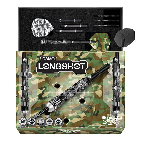 Shot Camo Longshot Turbo Point Steeldarts 23g sind Dartpfeile mit Tarnmuster. Die Pfeile werden nebeneinander präsentiert.