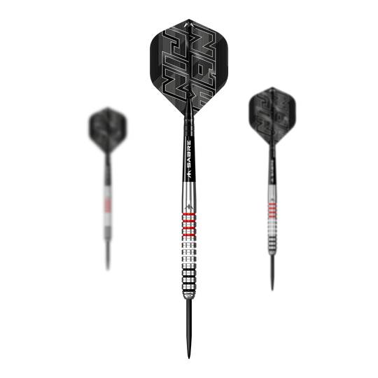 Mission Wessel Nijman Steeldarts - 23g Das Bild zeigt drei Steeldarts des Produkts "Mission Wessel Nijman Steeldarts - 23g". Die Darts haben silberne Spitzen mit schwarzen und roten Akzenten sowie schwarze Flights mit weißem Schriftzug.