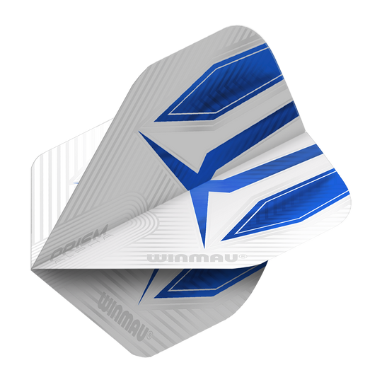 Auf dem Bild ist ein Winmau Prism Alpha 6915.112 Standard Flight zu sehen. Das Flight ist überwiegend weiß mit blauen und silbernen Akzenten und trägt das Winmau-Logo.