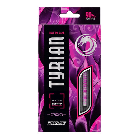 Red Dragon Tyrian Softdarts - 22g Die Abbildung zeigt die Verpackung der "Red Dragon Tyrian Softdarts - 22g". Die Schachtel ist lila und pink gestaltet und hebt hervor, dass die Darts zu 90 % aus Wolfram bestehen.