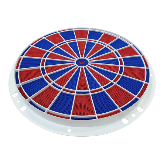 Löwen Dart Ersatzteile 82er Segment- und Spider Set Das Bild zeigt ein rundes Dart-Segment- und Spider-Set in den Farben Blau und Rot. Es handelt sich um ein Ersatzteil für elektronische Dartscheiben, Modell Löwen Dart 82er.