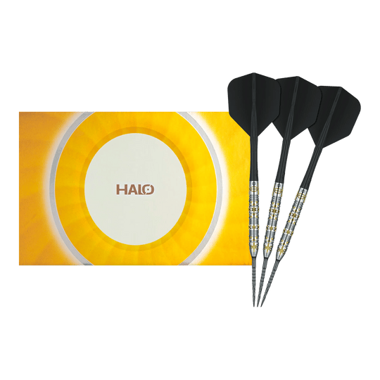Gezeigt wird ein vollständiges Set der Caliburn Halo H1 Steeldarts - 22,5 g. Die hochwertigen Pfeile sind ideal für den Dartsport.