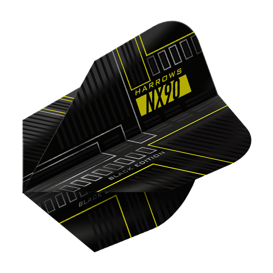 Harrows NX90 Black-Edition No6 Flights Das Bild zeigt das Produkt "Harrows NX90 Black-Edition No6 Flights". Das Flight ist überwiegend schwarz mit gelben und grauen Akzenten und moderner Grafik.