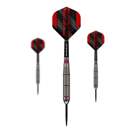 Mission Rogue Brass Steeldarts - 22g Das Bild zeigt drei Mission Rogue Brass Steeldarts mit einem Gewicht von 22g. Die Darts haben rote und schwarze Flights sowie silberne, gerillte Barrels.