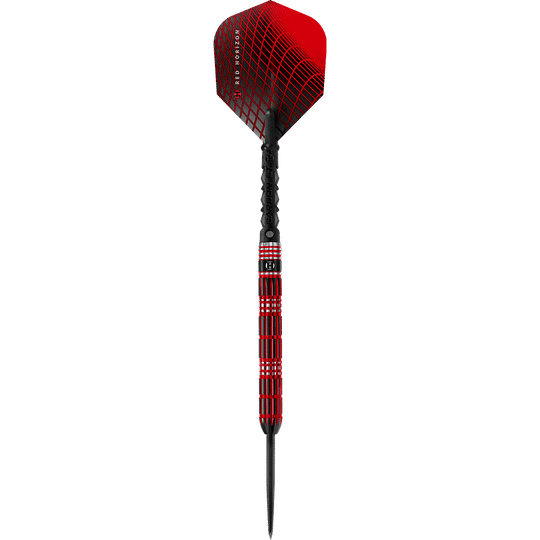 HA33577_Harrows_Red_Horizon_Steeldarts_1 Auf dem Bild ist ein Steeldartpfeil mit rotem und schwarzem Design zu sehen. Die Spitze, der Schaft und das Flight zeigen ein modernes, geometrisches Muster.