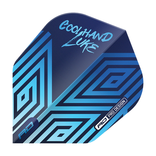 Red Dragon Luke Humphries Coolhand Blue No6 Flights Das Bild zeigt ein Dart-Flight mit dem Aufdruck "Coolhand Luke" in blauer Schrift. Das Design ist überwiegend blau mit geometrischen Mustern und dem Schriftzug "RD Pro Design".