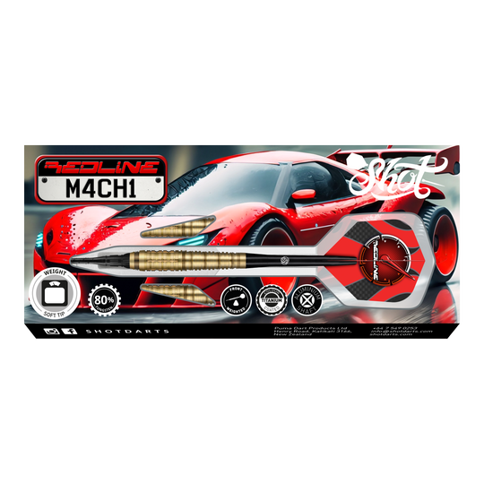 Shot Redline Mach 1 Softdarts - 20g Das Bild zeigt die Verpackung der "Shot Redline Mach 1 Softdarts - 20g". Auf der Packung ist ein roter Sportwagen zusammen mit einem abgebildeten Softdart-Pfeil zu sehen.