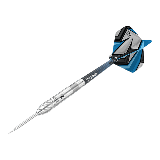 Bulls Stone S1 Steeldarts Das Bild zeigt einen Bulls Stone S1 Steeldart. Der Dartpfeil hat eine silberne Spitze und einen Schaft mit blauen und schwarzen Akzenten am Flight.