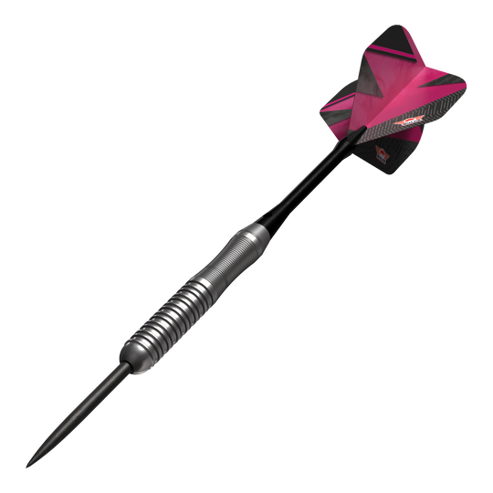 Bulls NL Lightning Pink Steeldarts Das Bild zeigt einen Steeldartpfeil mit silbernem Griff und einer pink-schwarzen Flights. Es handelt sich um das Produkt "Bulls NL Lightning Pink Steeldarts".