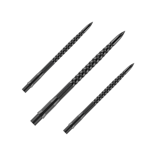 Mission Caliburn EVO Dartspitzen - Ripple - Schwarz - X 2976 Auf dem Bild sind drei schwarze Steeldartspitzen mit Riffelstruktur zu sehen. Sie sind lang und schlank gestaltet und eignen sich für den Einsatz beim Dartspiel.