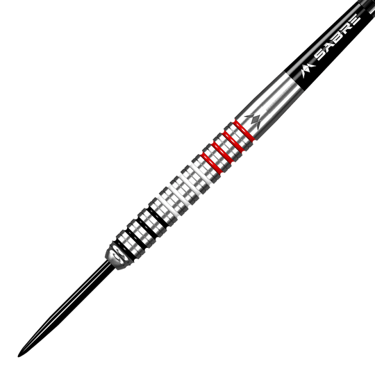 Mission Wessel Nijman Steeldarts - 23g Das Bild zeigt einen Mission Wessel Nijman Steeldart mit einem Gewicht von 23 Gramm. Der Dart hat ein silbernes Barrel mit schwarzen und roten Ringen.