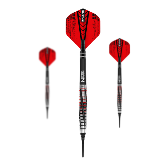 Red Dragon Rifle Softdarts - 20g Das Bild zeigt drei Softdarts des Modells „Red Dragon Rifle Softdarts - 20g“. Die Darts haben schwarze und rote Flights mit silber-schwarzem Schaft und Spitze.