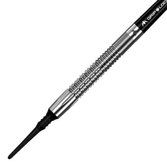 Hier ist ein Satz Mission Thomas Junghans Softdarts mit einem Gewicht von 20 Gramm abgebildet. Die Darts sind nebeneinander angeordnet und zeigen ihre feine Verarbeitung.