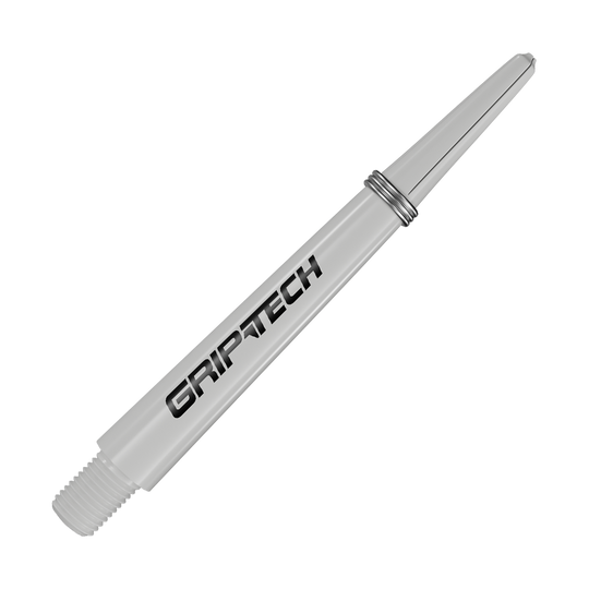Das Bild zeigt einen weißen Dart-Schaft mit der Aufschrift "GRIPTECH". Er hat ein Gewinde am unteren Ende und einen Metallring in der Mitte.