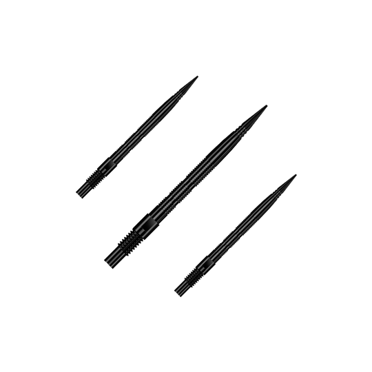 Harrows Quick Point Micro Ridge Dartspitzen - Schwarz Das Bild zeigt ein Set aus schwarzen Dartspitzen mit Rillen. Dieses Zubehör wird für Dartpfeile verwendet.