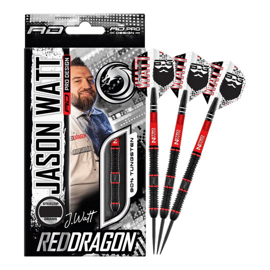 Red Dragon Jason Watt Steeldarts - 22g Das Bild zeigt das Produkt "Red Dragon Jason Watt Steeldarts - 22g" in seiner Verpackung. Rechts daneben sind drei Steeldarts mit schwarzem und rotem Design zu sehen.