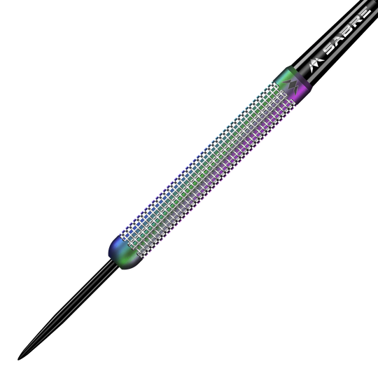 Das Bild zeigt einen Mission Aurora Coral PVD Steeldart mit einem Gewicht von 23g. Der Dart hat eine bunte, glänzende Oberfläche und ist mit feinen Rillen versehen.