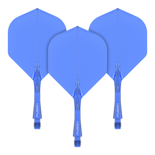 Das Bild zeigt drei blaue Dart-Flights mit Schäften des Winmau Fusion Flight Shaft Systems. Sie sind in einer Reihe angeordnet und jeder Schaft ist 22 mm lang.