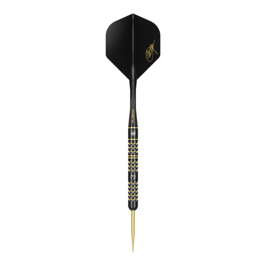 Dies ist ein Winmau Michael Van Gerwen 5-Year-Anniversary Limited Edition Steeldart mit einem Gewicht von 22,5g. Der Dartpfeil ist schwarz-gold gestaltet und trägt eine goldene Unterschrift auf dem Flight.