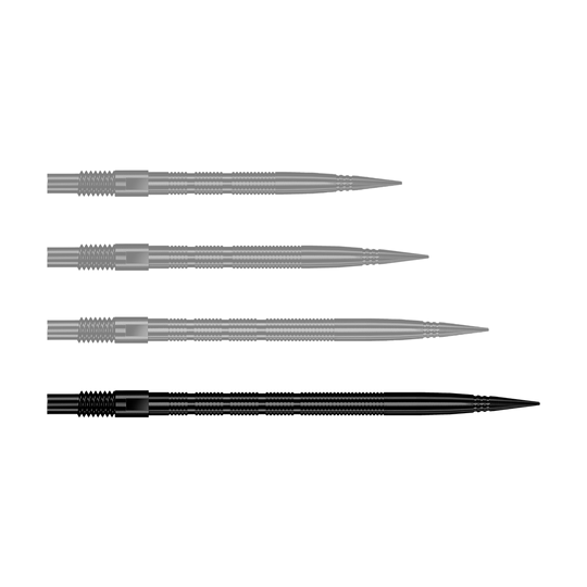 Harrows Quick Point Micro Ridge Dartspitzen - Schwarz Abgebildet sind schwarze MicroRidge Dartspitzen mit 40 mm Länge. Das Produkt ist höchstwahrscheinlich von Harrows, Quick Point-Serie.