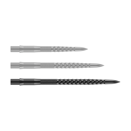 Mission Caliburn EVO Dartspitzen - Ripple - Schwarz - X 2976 Auf dem Bild sind drei schwarze Steeldartspitzen mit Riffelstruktur zu sehen. Sie liegen nebeneinander auf weißem Hintergrund.