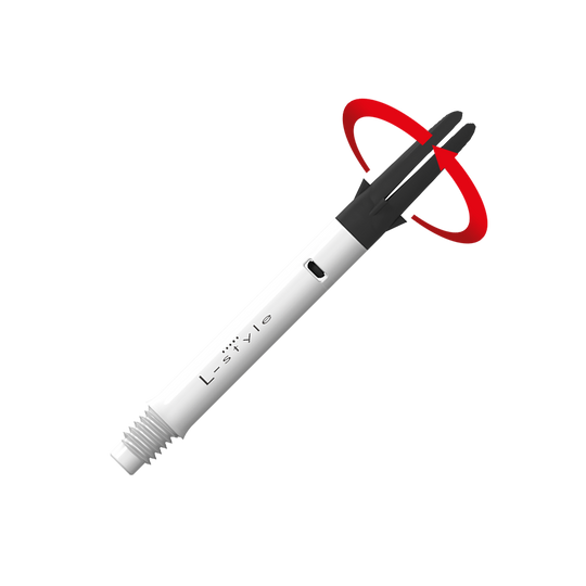 L-Style L-Shaft Carbon Silent Straight - Weiß 330 Dies ist ein weißer Carbon-Schaft für Dartpfeile der Marke L-Style. Der obere schwarze Teil kann sich drehen, wie durch den roten Pfeil angezeigt.